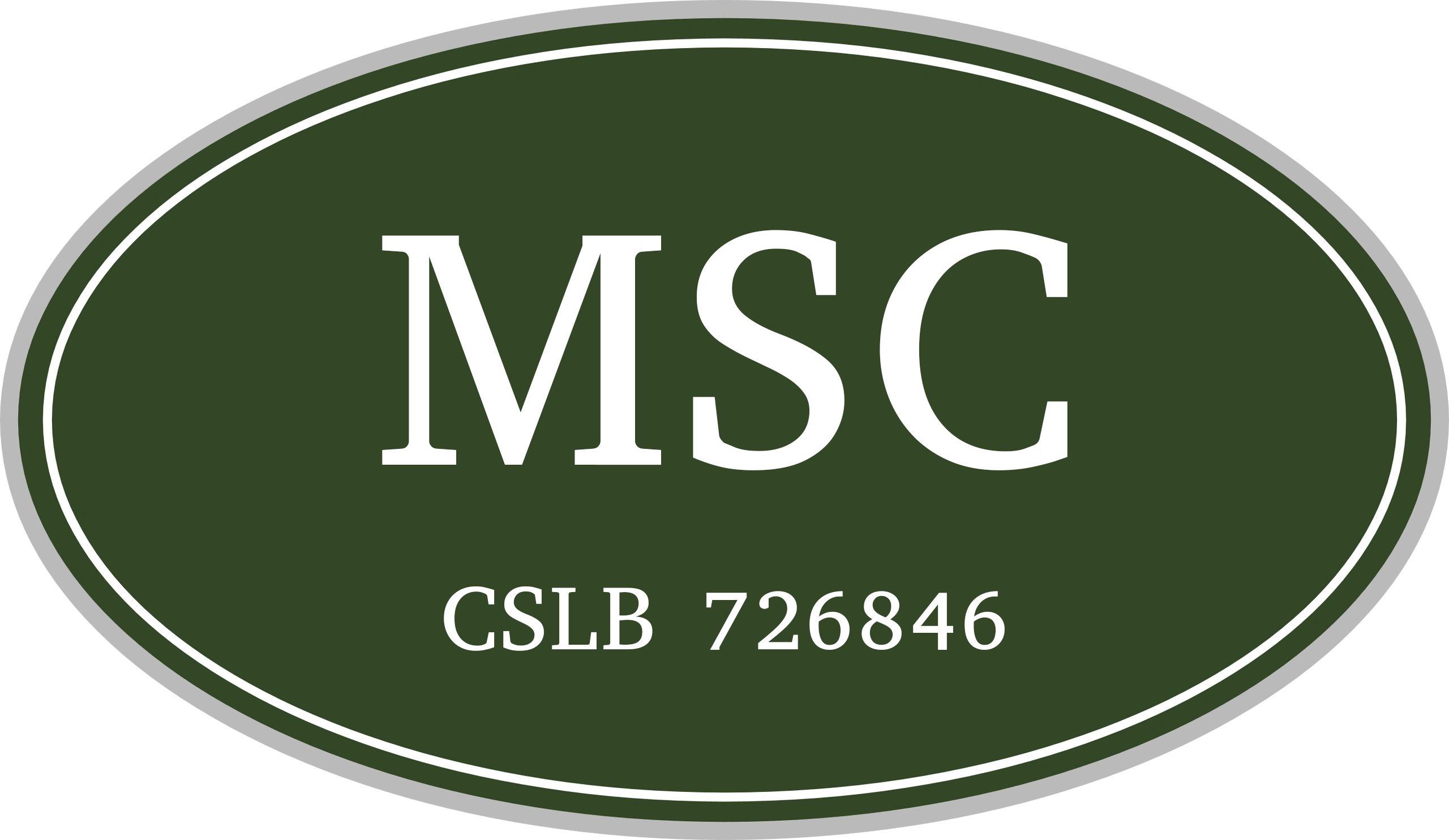 Green oval logo with white text. It reads, MSC, CSLB 726846