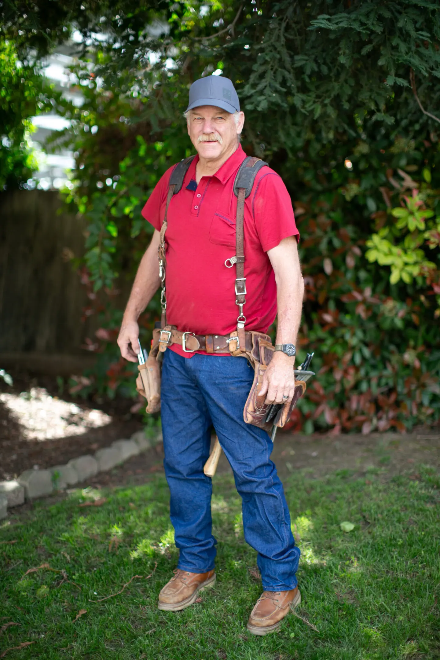 Mike Stevens of MSC, Merced County. Wearing tool bags. Ready to get started on your renovation project.